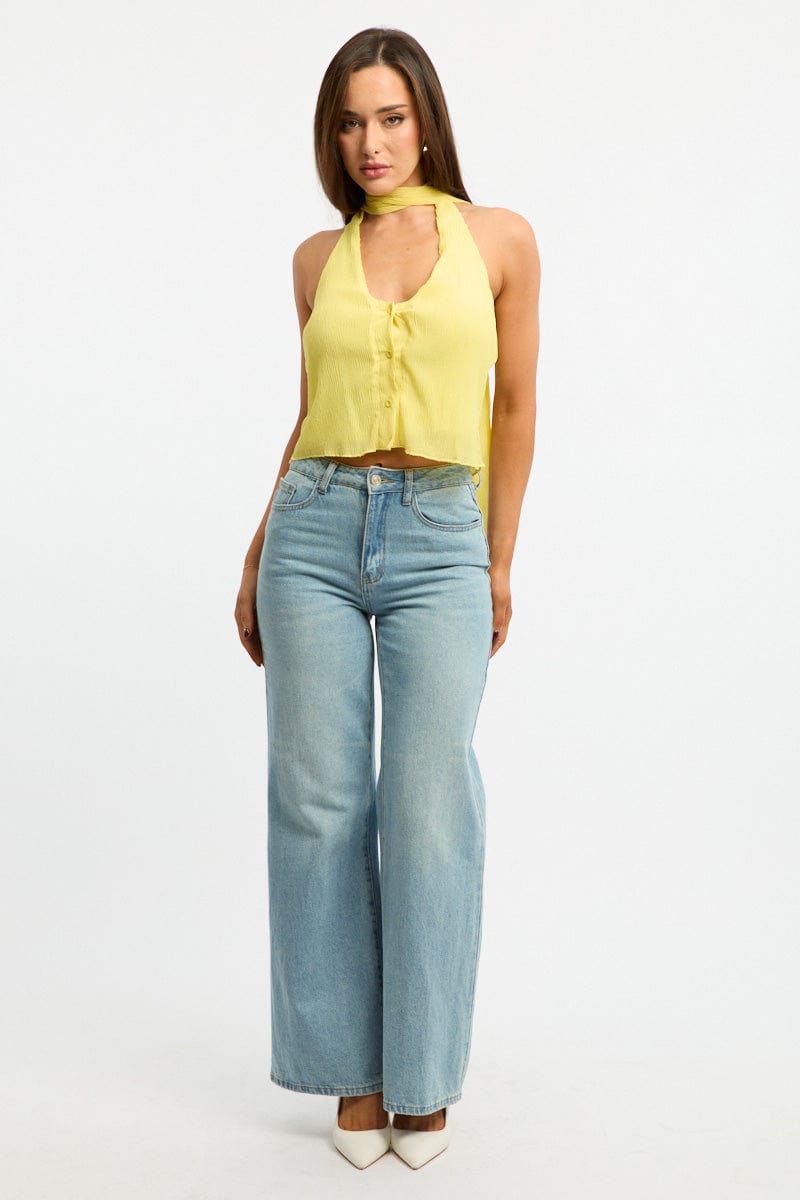 Yellow Scarf Top Sleeveless Halter Plisse Vest Detail for Ally Fashion