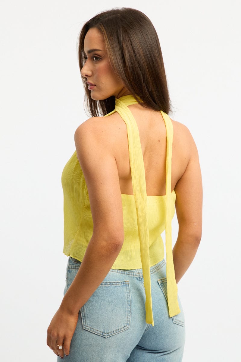 Yellow Scarf Top Sleeveless Halter Plisse Vest Detail for Ally Fashion