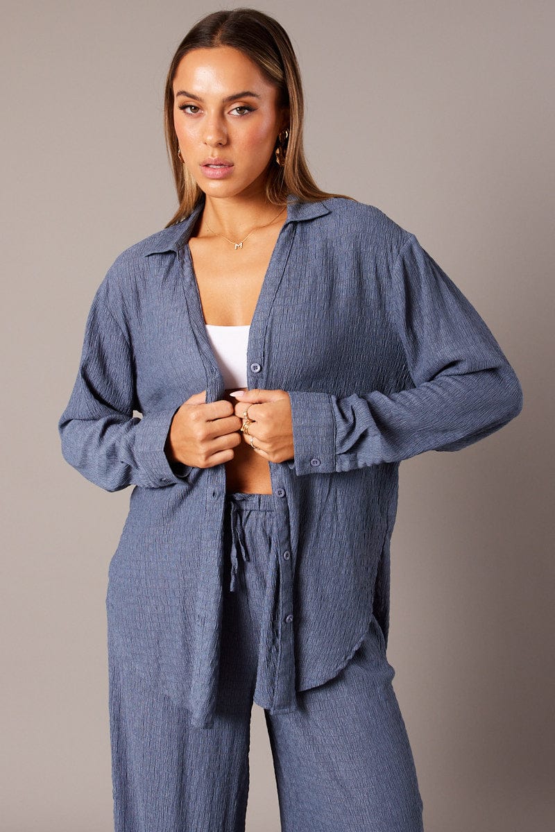 Blue Textured Shirt Long Sleeve for Ally Fashion