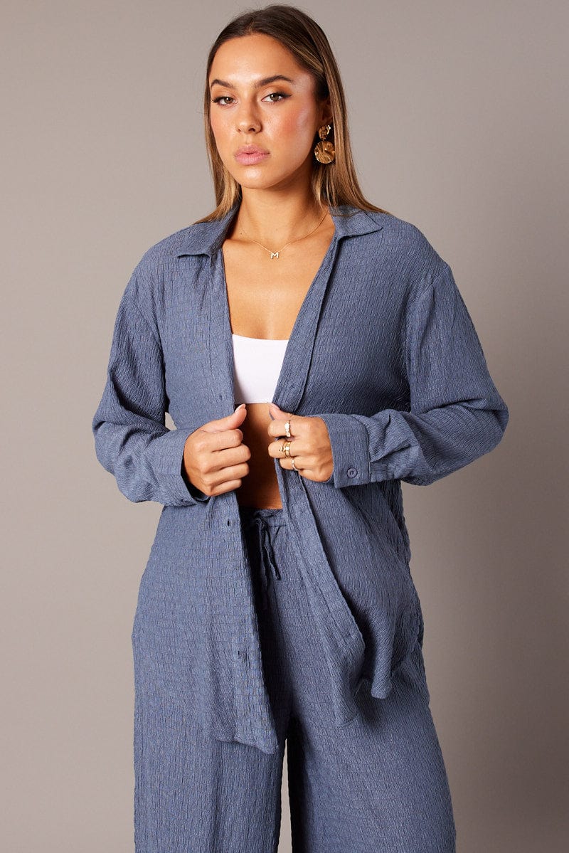 Blue Textured Shirt Long Sleeve for Ally Fashion