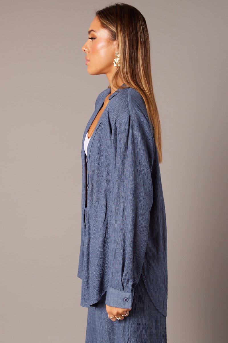 Blue Textured Shirt Long Sleeve for Ally Fashion