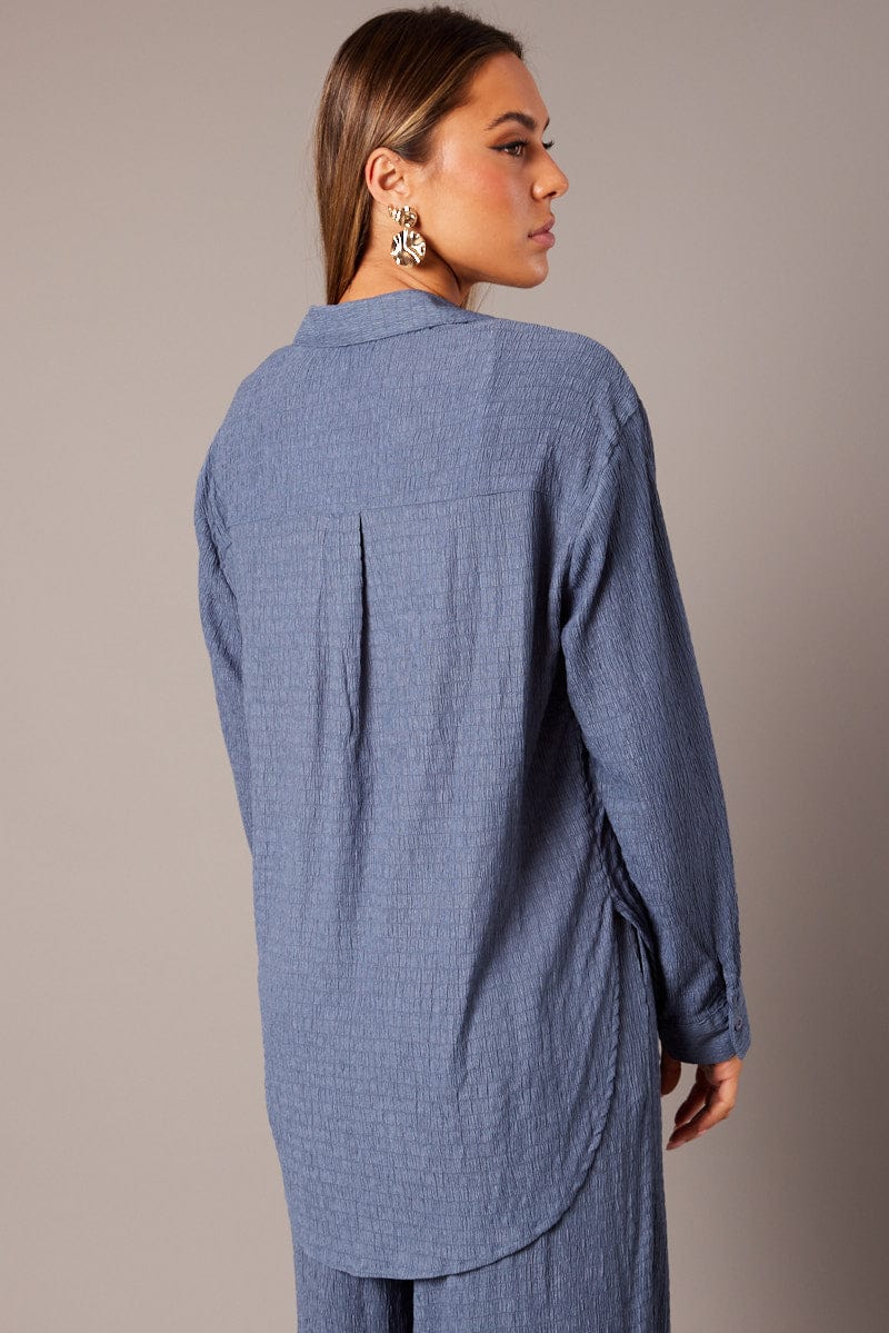 Blue Textured Shirt Long Sleeve for Ally Fashion