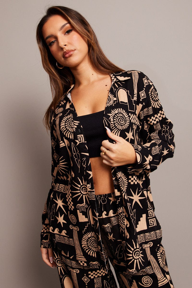 Black Abstract Relaxed Shirt Long Sleeve for Ally Fashion