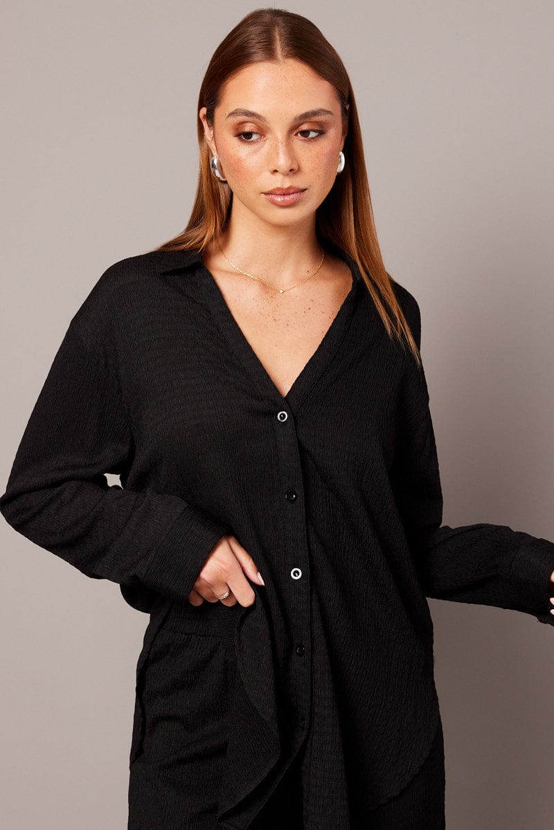 Black Textured Shirt Long Sleeve for Ally Fashion