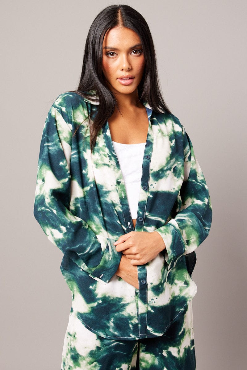 Green Abstract Relaxed Shirt Long Sleeve for Ally Fashion