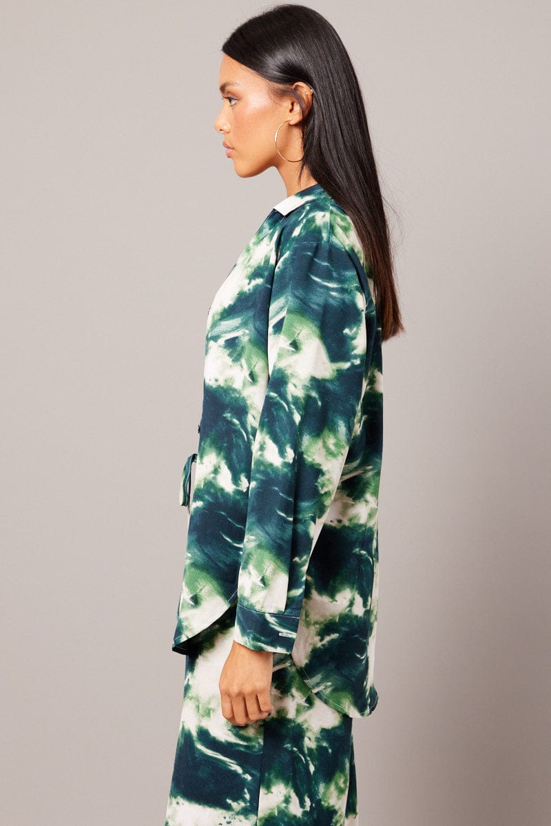 Green Abstract Relaxed Shirt Long Sleeve for Ally Fashion