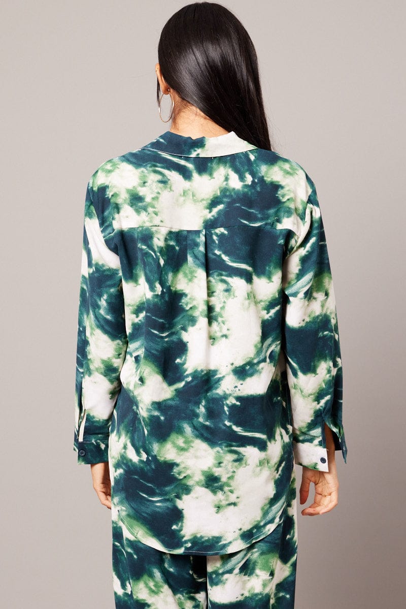 Green Abstract Relaxed Shirt Long Sleeve for Ally Fashion