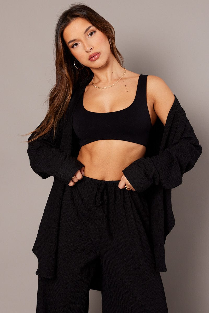 Black Relaxed Shirt Long Sleeve Textured for Ally Fashion