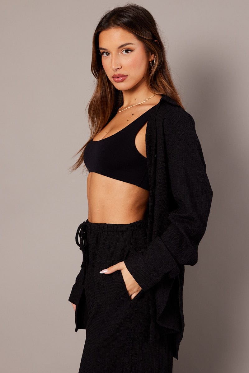 Black Relaxed Shirt Long Sleeve Textured for Ally Fashion