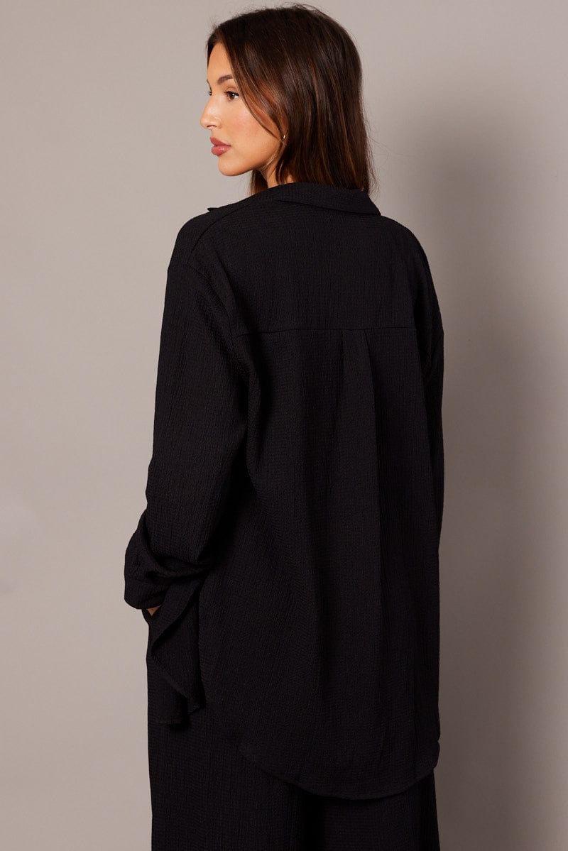 Black Relaxed Shirt Long Sleeve Textured for Ally Fashion