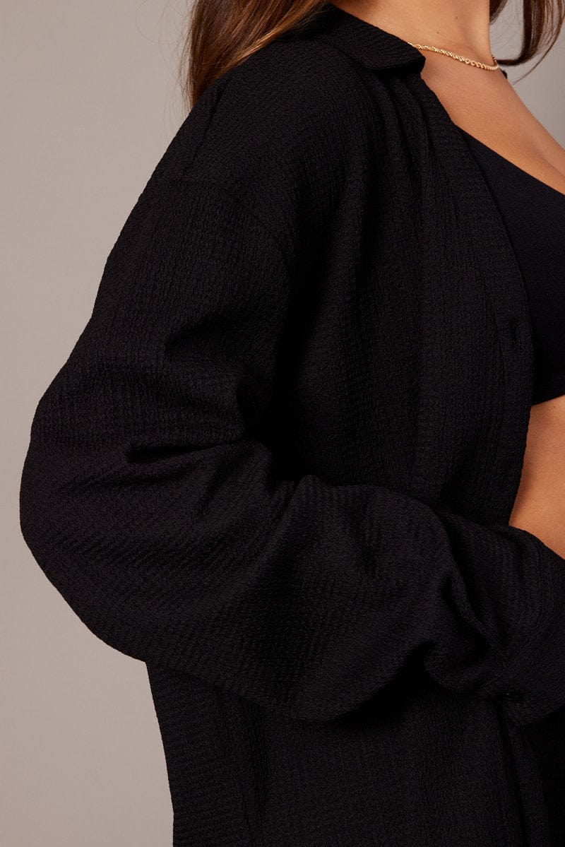 Black Relaxed Shirt Long Sleeve Textured for Ally Fashion