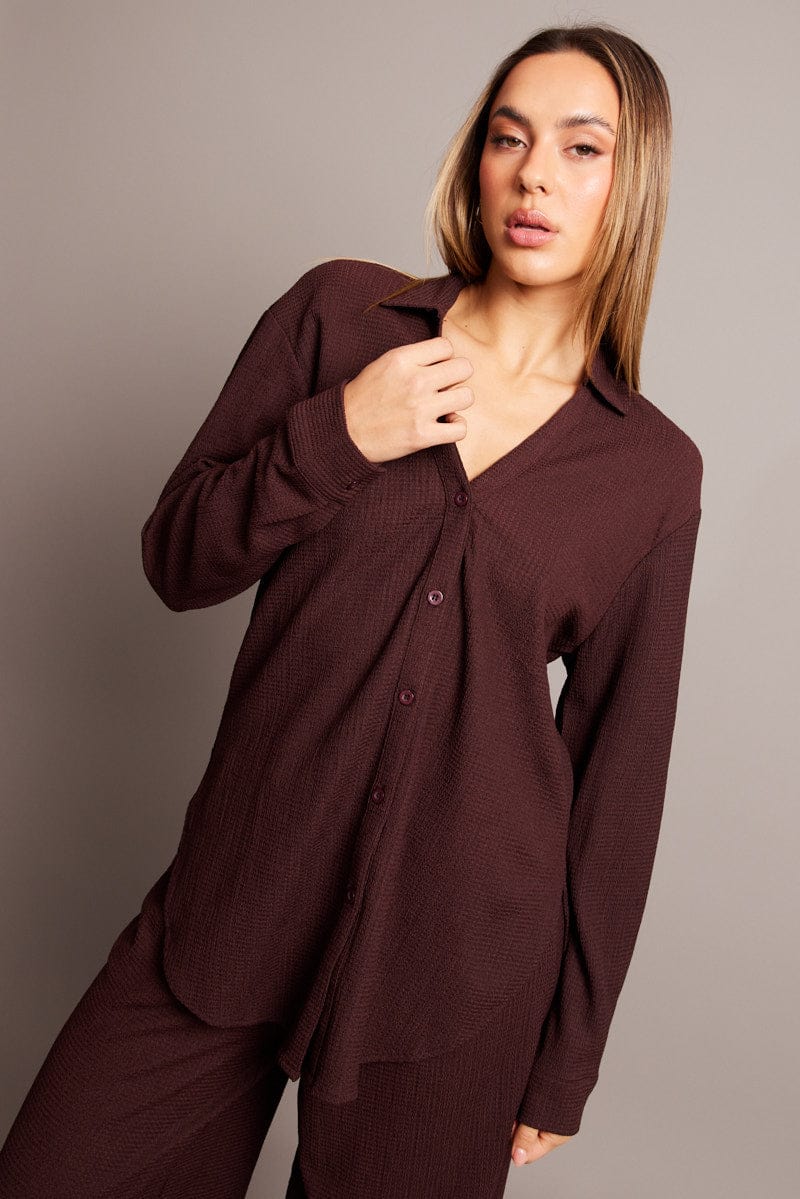 Brown Relaxed Shirt Long Sleeve Textured for Ally Fashion