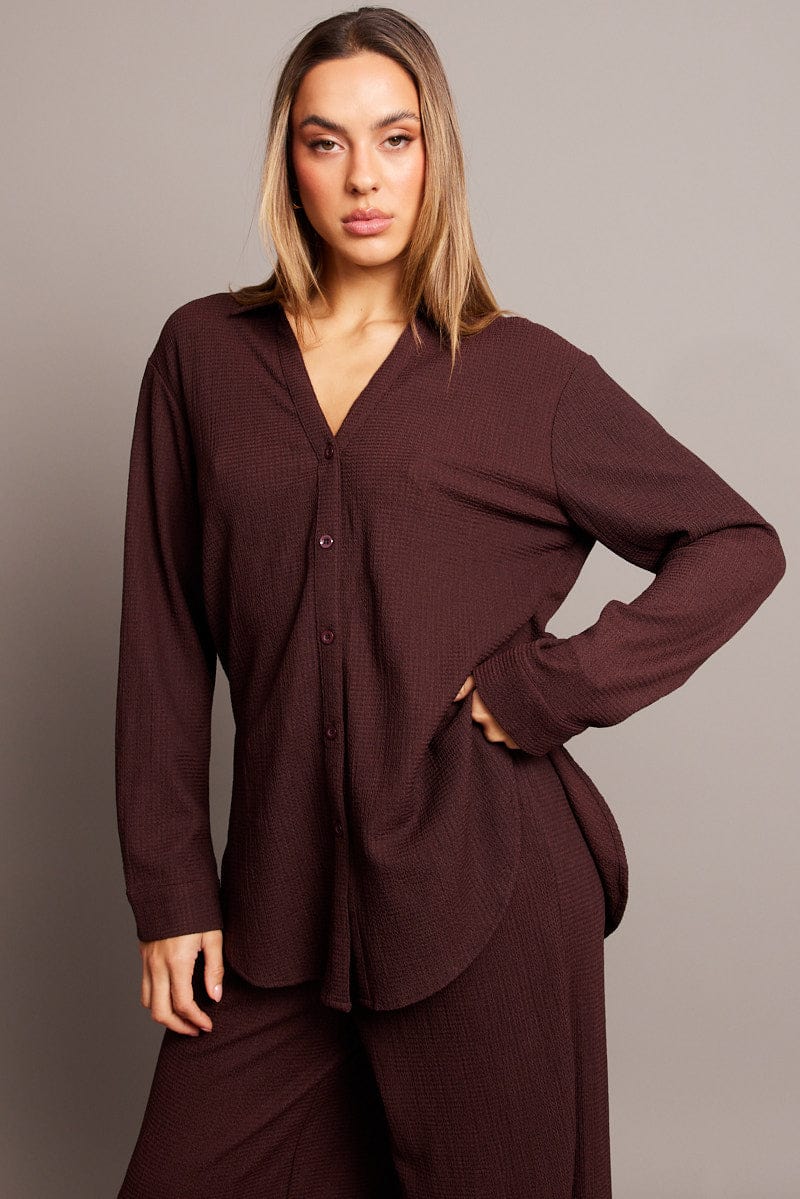 Brown Relaxed Shirt Long Sleeve Textured for Ally Fashion