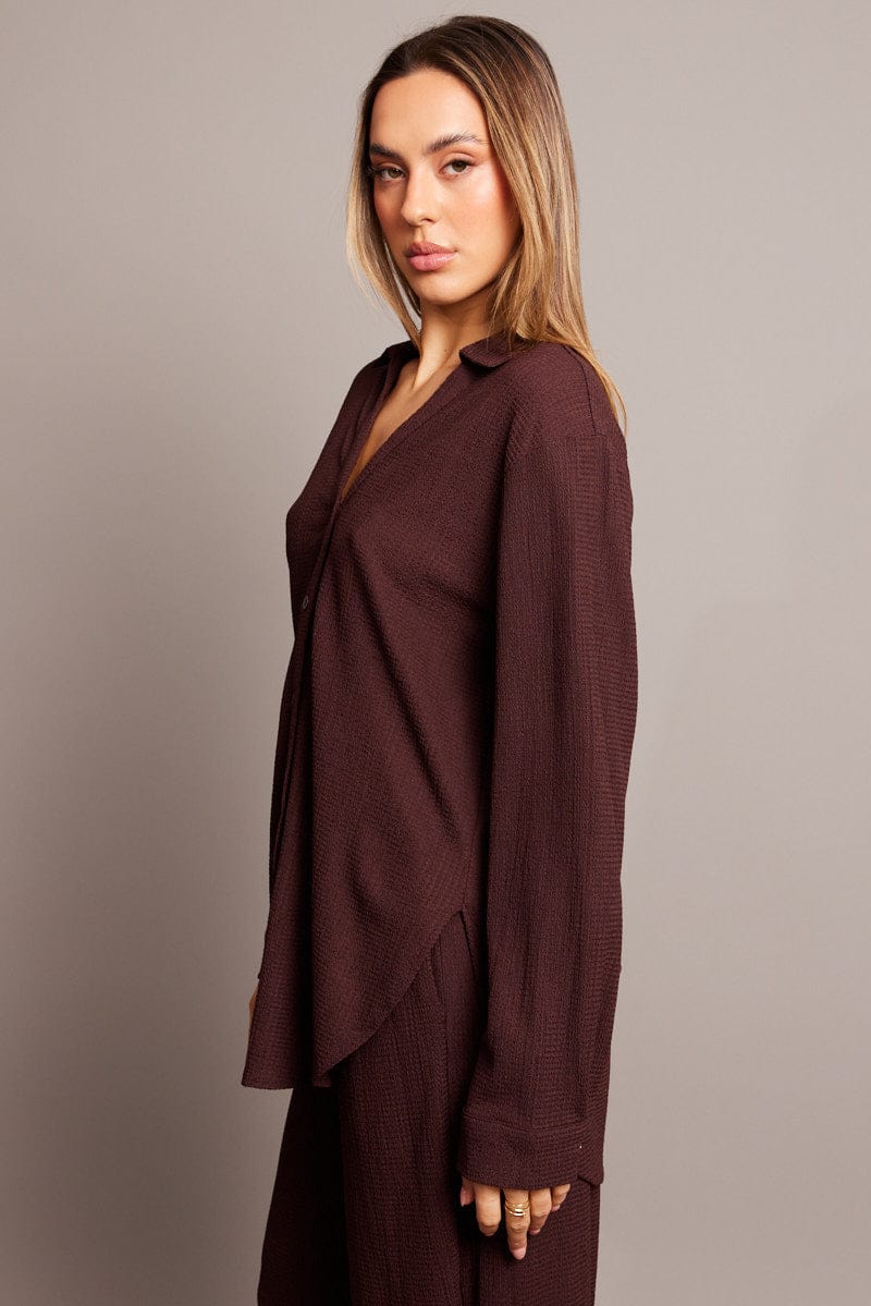 Brown Relaxed Shirt Long Sleeve Textured for Ally Fashion