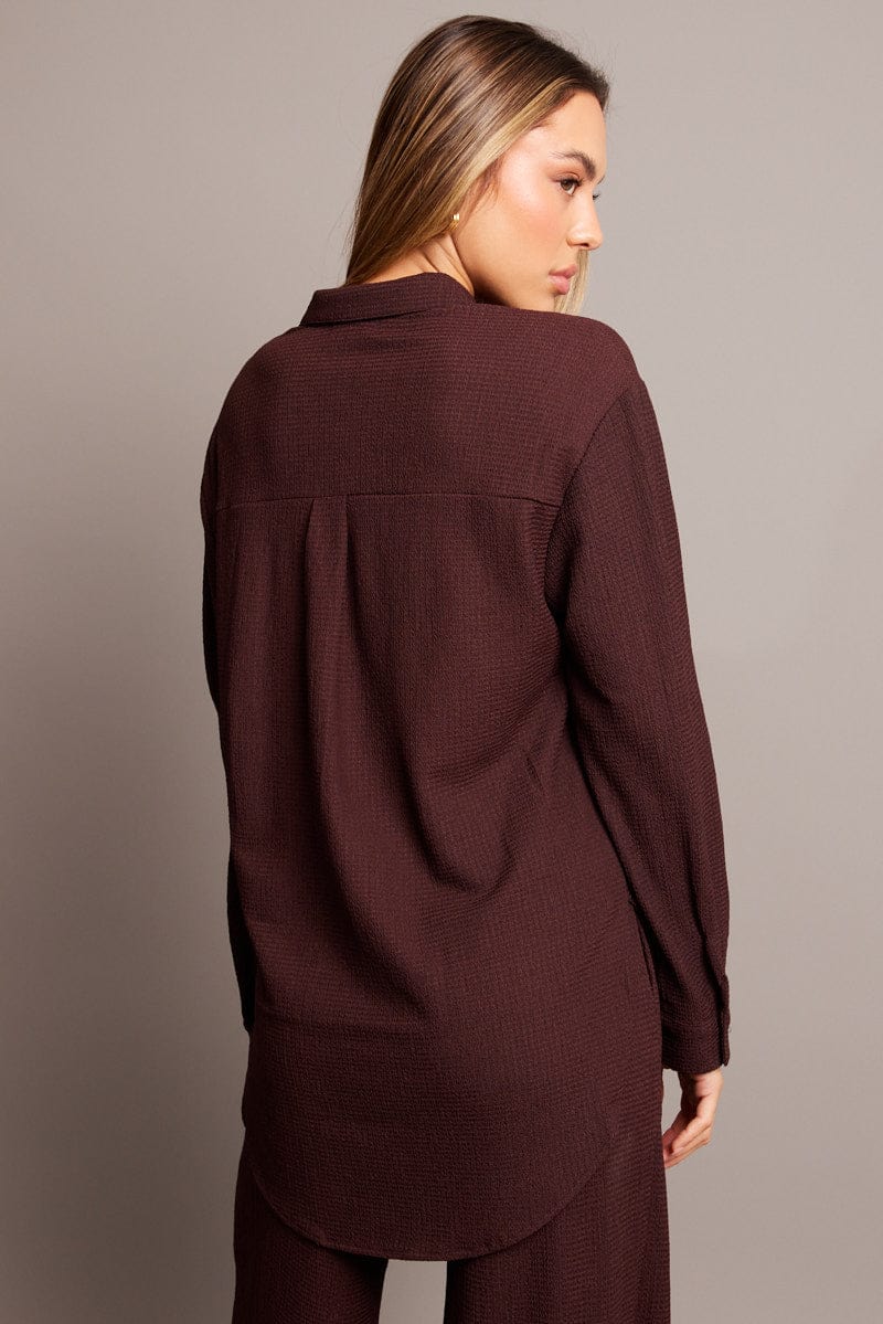 Brown Relaxed Shirt Long Sleeve Textured for Ally Fashion