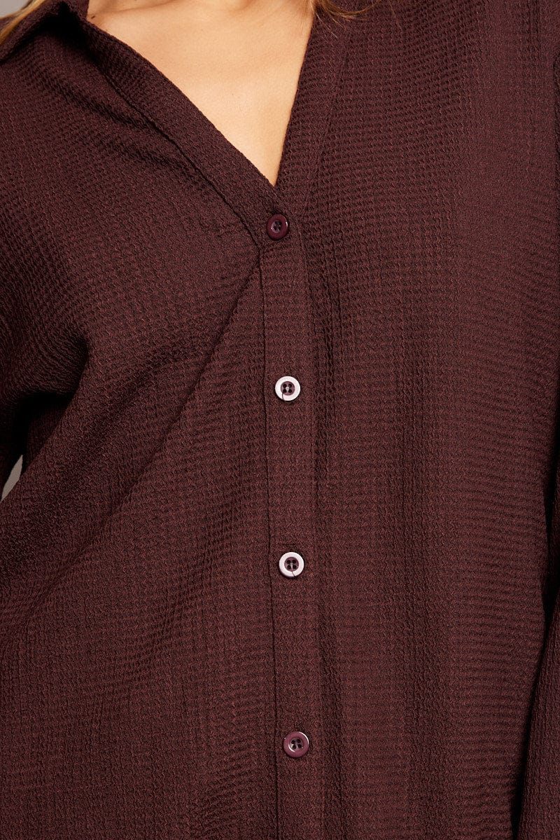 Brown Relaxed Shirt Long Sleeve Textured for Ally Fashion