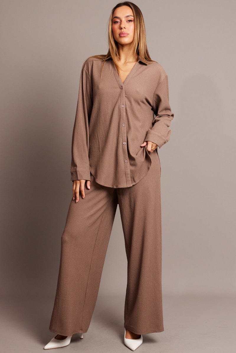 Brown Relaxed Shirt Long Sleeve Textured for Ally Fashion