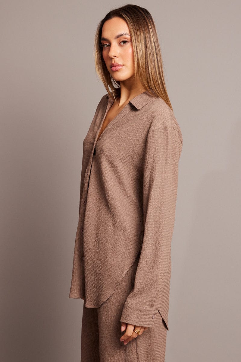 Brown Relaxed Shirt Long Sleeve Textured for Ally Fashion