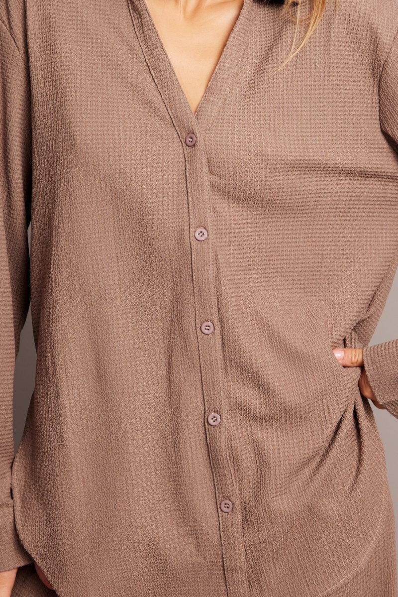 Brown Relaxed Shirt Long Sleeve Textured for Ally Fashion