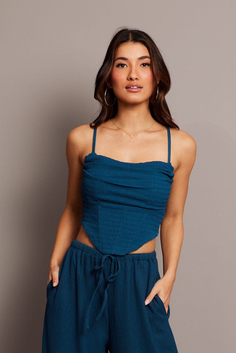 Blue Cami Top Sleeveless Cowl Neck Textured for Ally Fashion