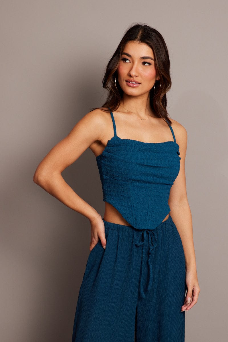 Blue Cami Top Sleeveless Cowl Neck Textured for Ally Fashion