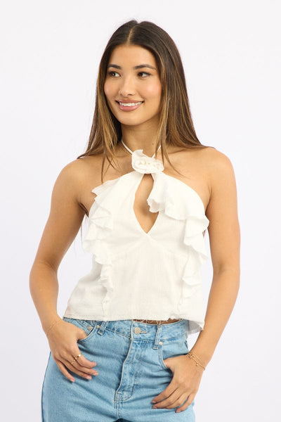 White Halter Top Sleeveless Rosette Romantic Frills | Ally Fashion