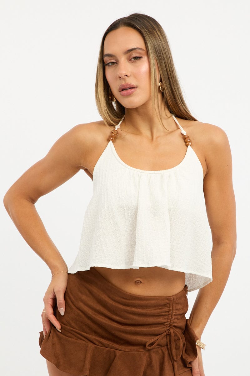 White Beaded Halter Top Sleeveless Textured for Ally Fashion