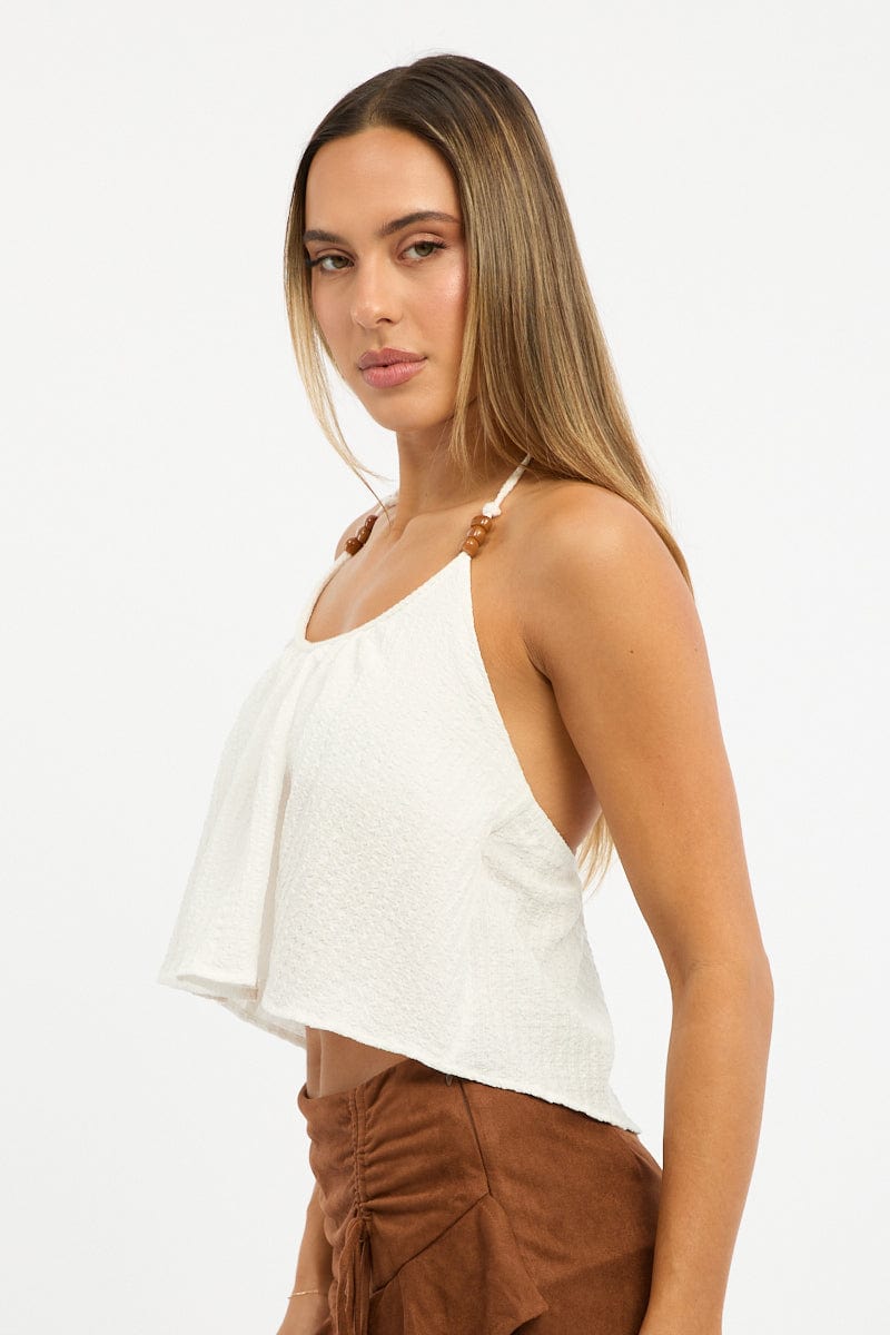 White Beaded Halter Top Sleeveless Textured for Ally Fashion