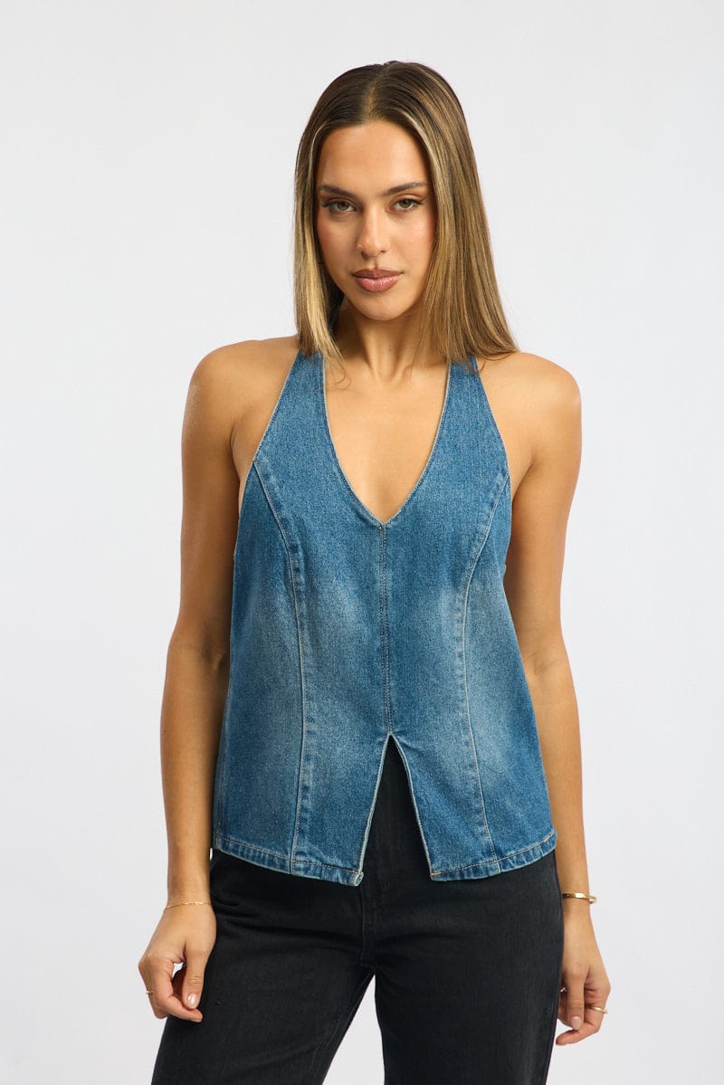Denim Halter Top Sleeveless Tie Back for Ally Fashion