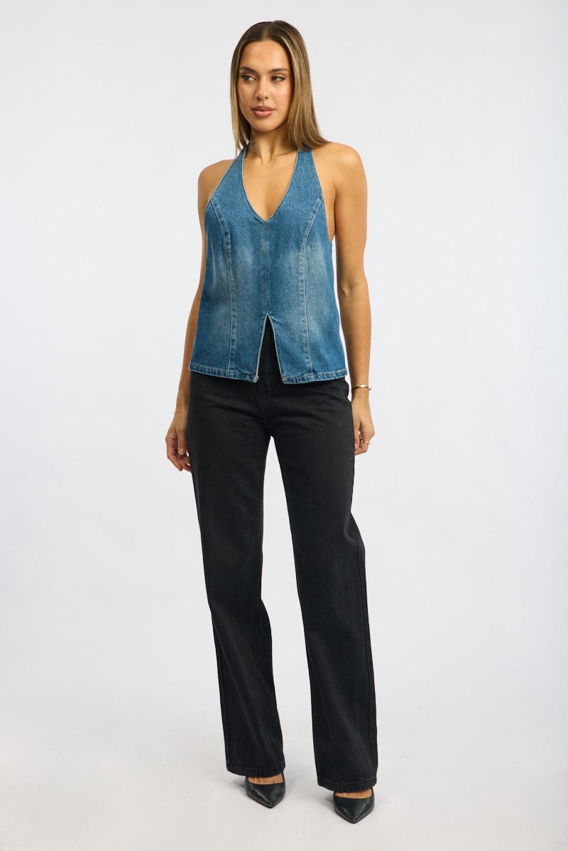Denim Halter Top Sleeveless Tie Back for Ally Fashion
