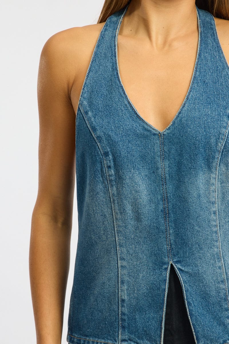 Denim Halter Top Sleeveless Tie Back for Ally Fashion