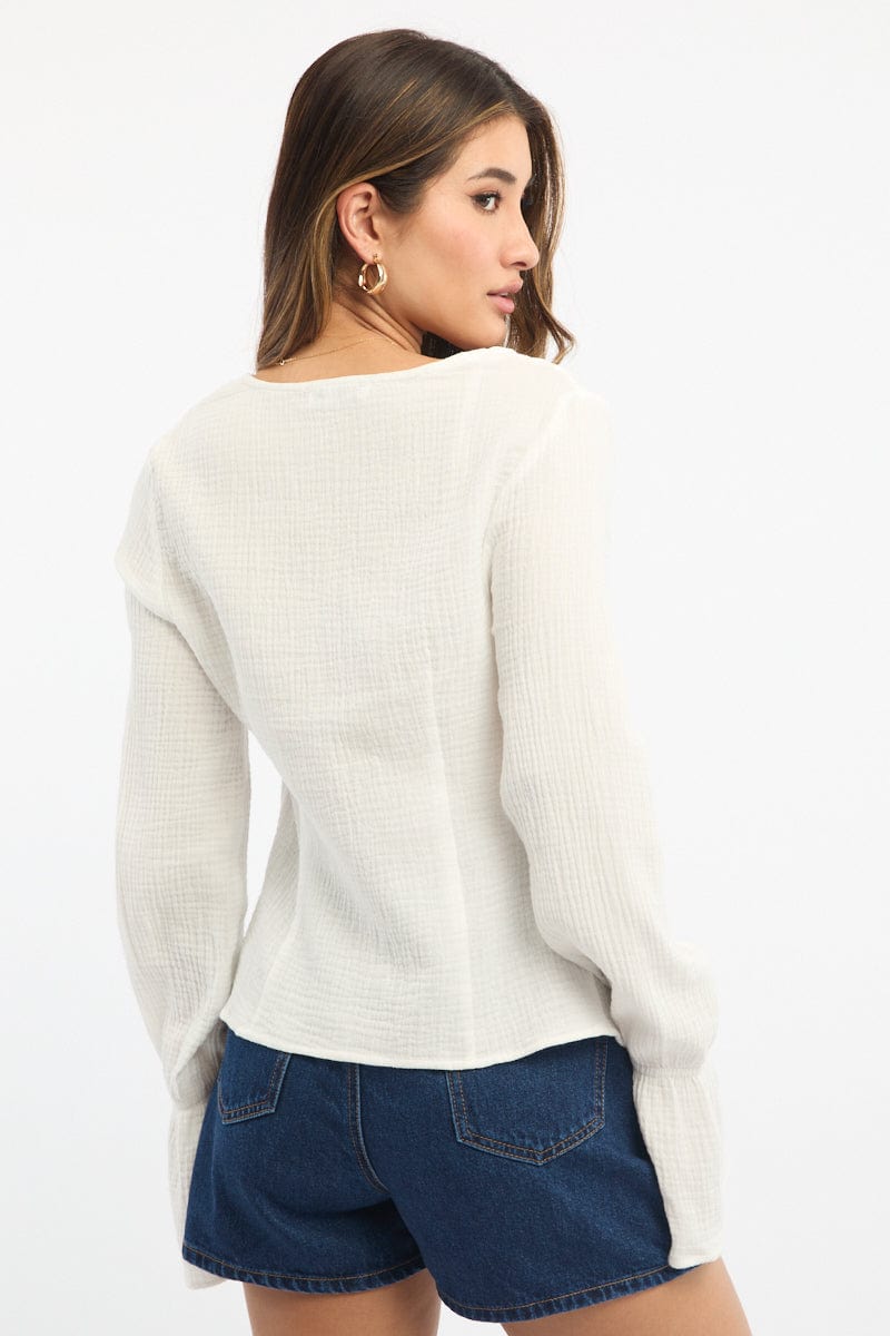 White Tie Front Top Long Sleeve Ruffled Textured for Ally Fashion