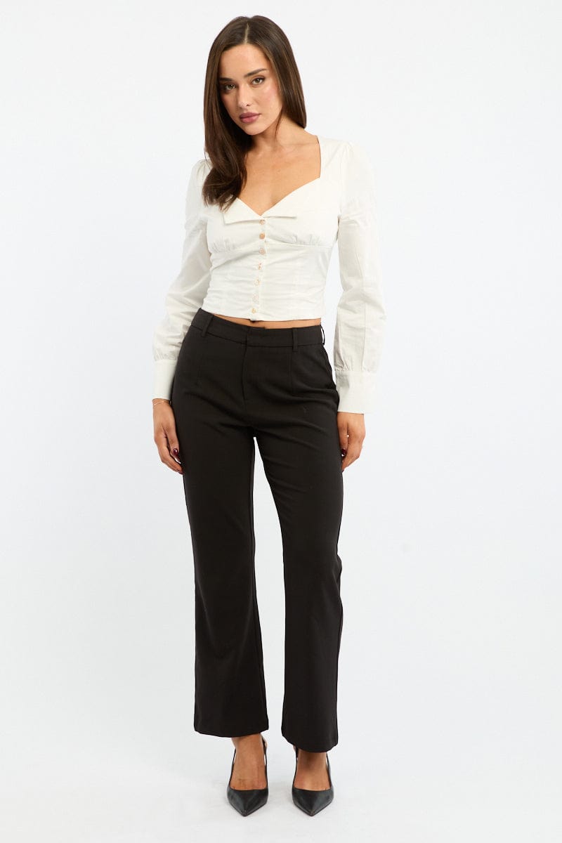White Top Long Sleeve Collared Button Up Shirred Back for Ally Fashion