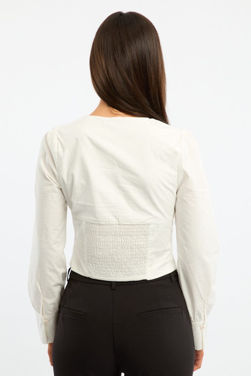 White Top Long Sleeve Collared Button Up Shirred Back for Ally Fashion