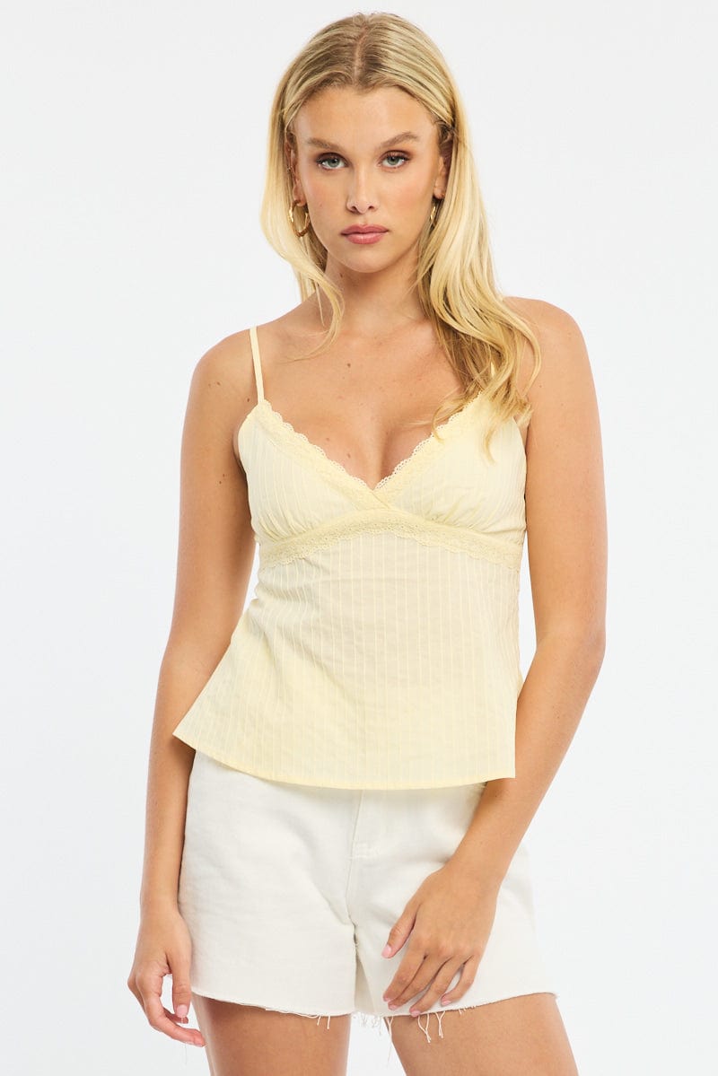 Yellow Cami Sleeveless V-neck Lace Detail Cotton for Ally Fashion