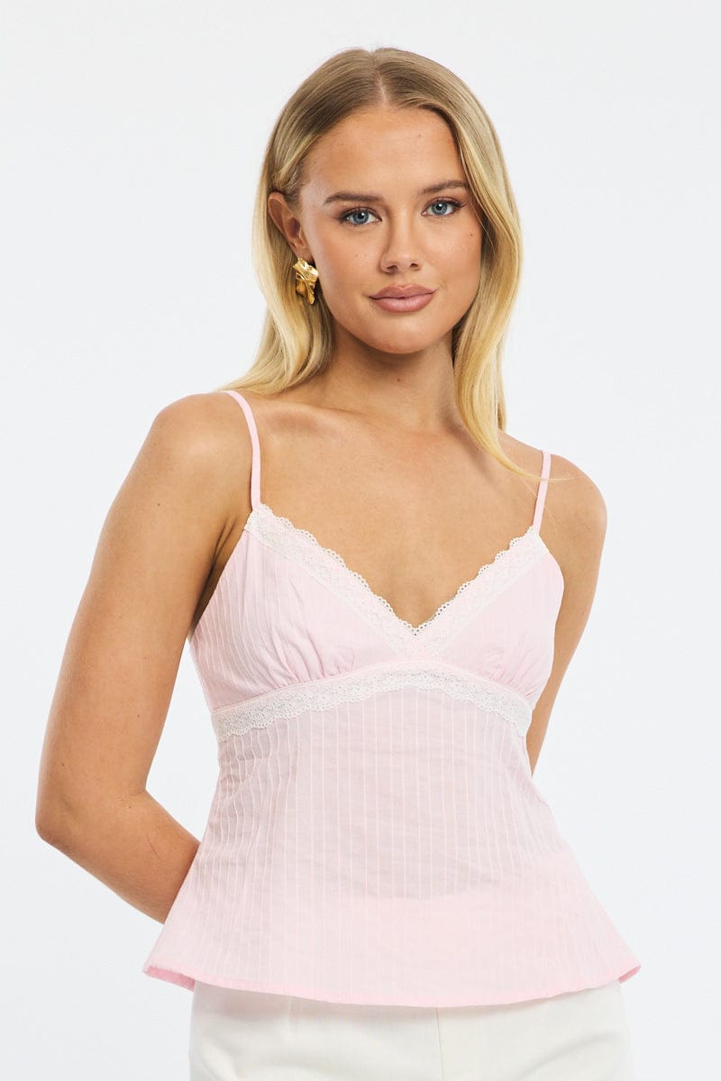 Pink Cami Sleeveless V-neck Lace Detail Cotton for Ally Fashion
