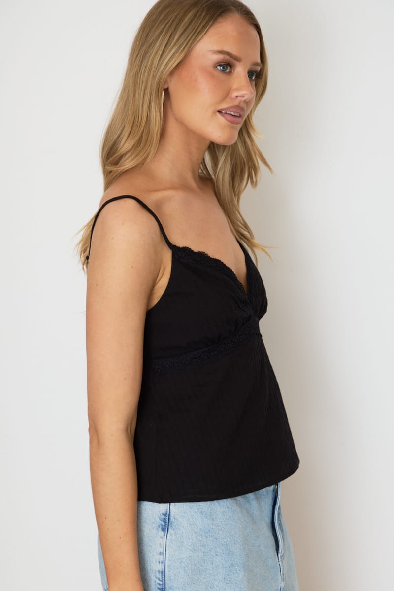Black Cami Sleeveless V-neck Lace Detail Cotton for Ally Fashion