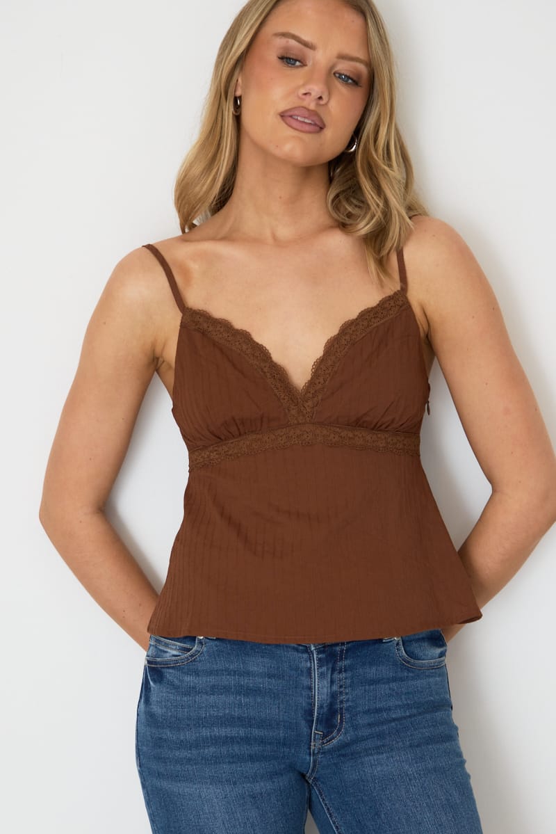 Brown Cami Sleeveless V-neck Lace Detail Cotton for Ally Fashion
