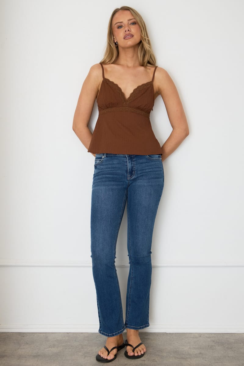 Brown Cami Sleeveless V-neck Lace Detail Cotton for Ally Fashion