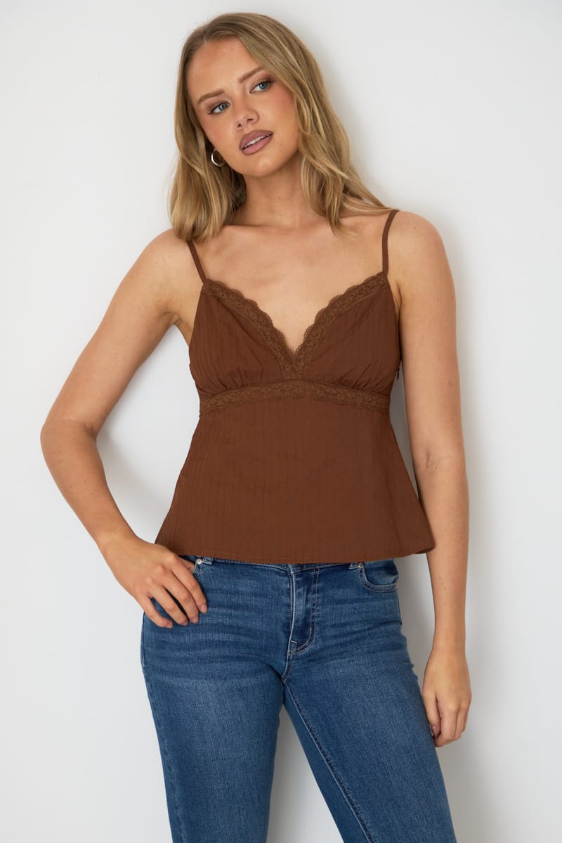 Brown Cami Sleeveless V-neck Lace Detail Cotton for Ally Fashion
