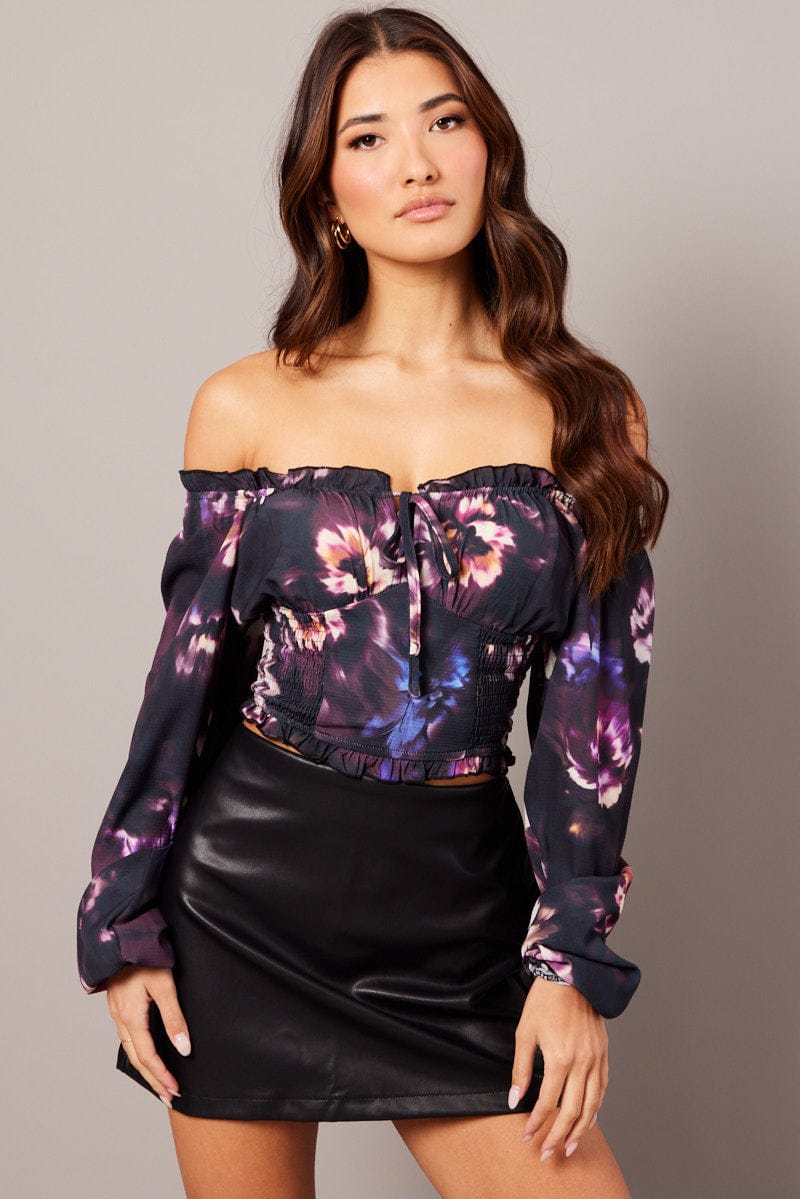 Black Floral Crop Top Long Sleeve Shirred Waist for Ally Fashion