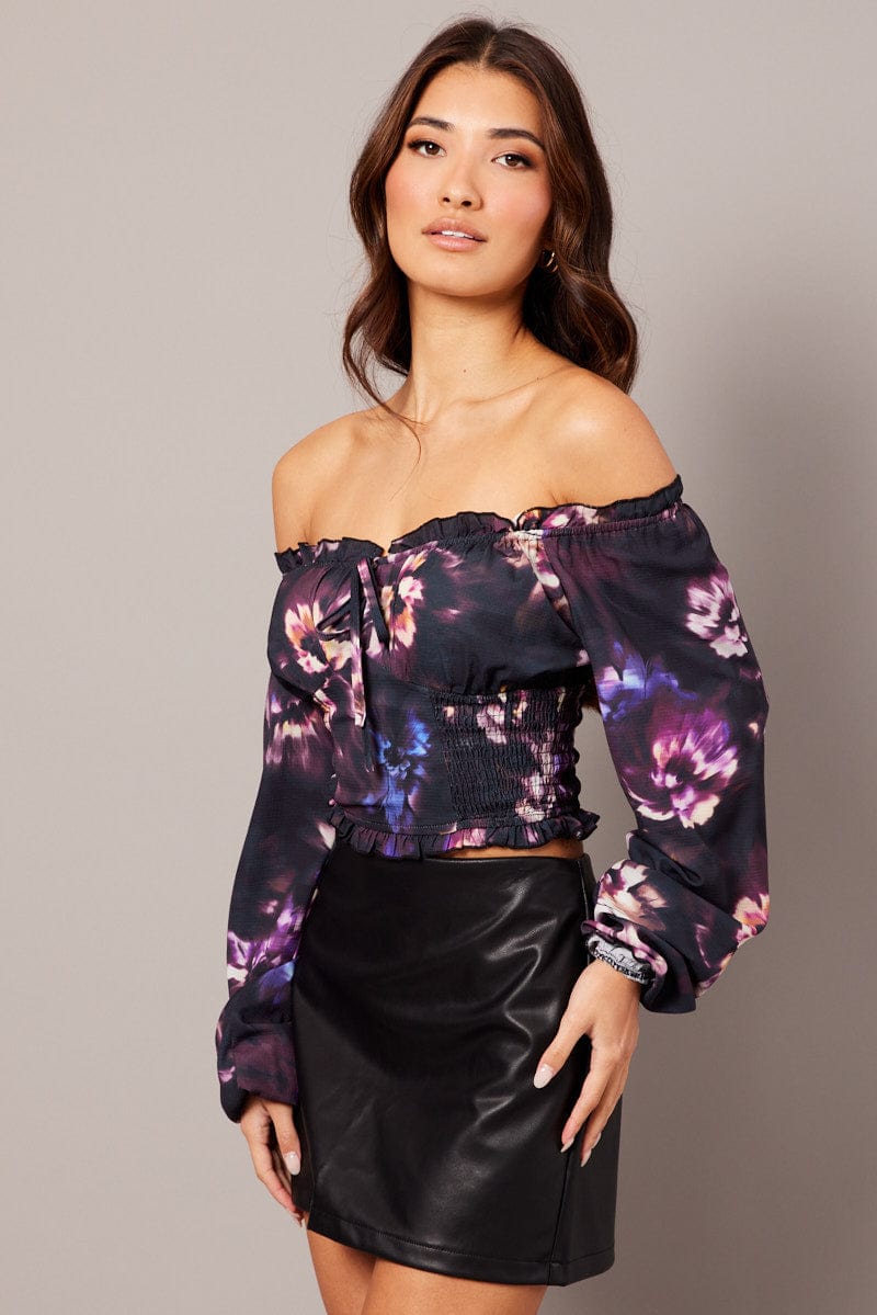 Black Floral Crop Top Long Sleeve Shirred Waist for Ally Fashion