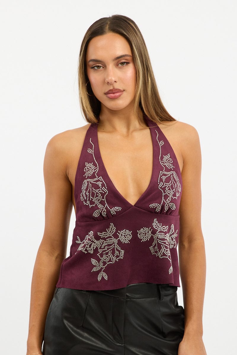 Red Suede Top Halter Neck Sleeveless Studded Details for Ally Fashion