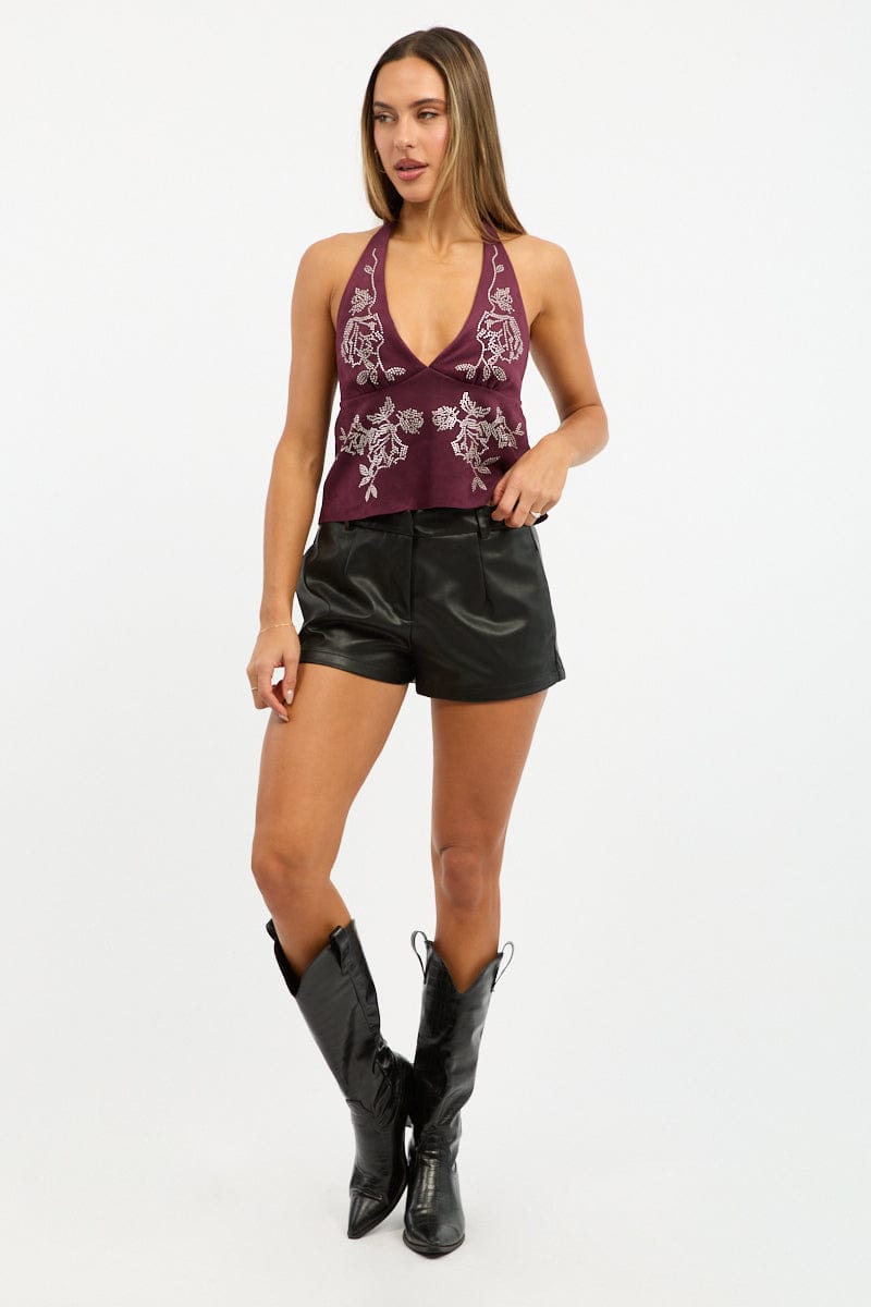 Red Suede Top Halter Neck Sleeveless Studded Details for Ally Fashion