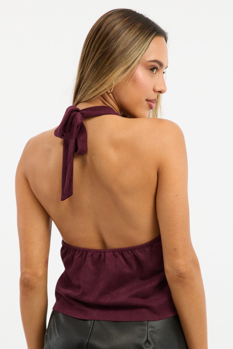 Red Suede Top Halter Neck Sleeveless Studded Details for Ally Fashion