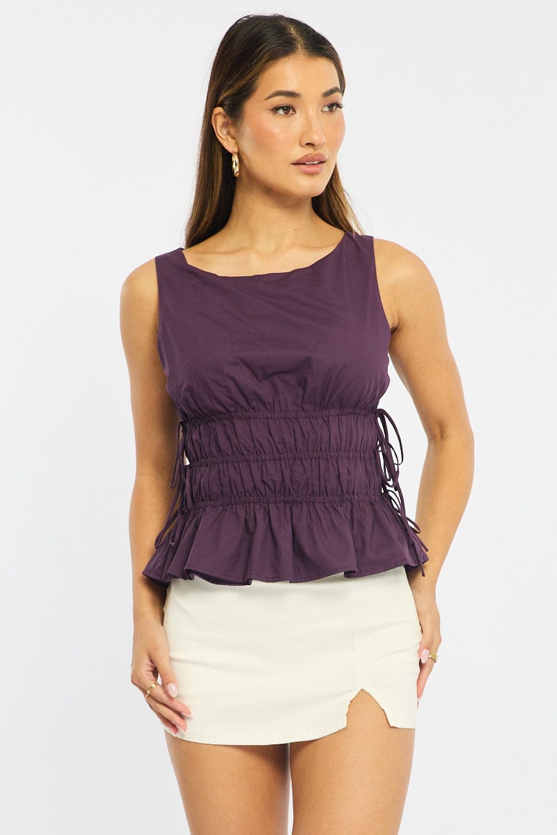 Purple Top - Sleeveless - Regular Fit - Boat Neck - No St for Ally Fashion