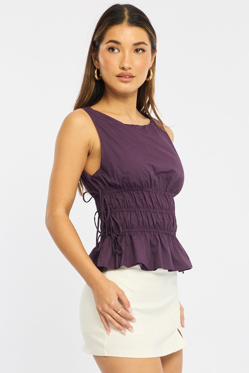 Purple Top - Sleeveless - Regular Fit - Boat Neck - No St for Ally Fashion