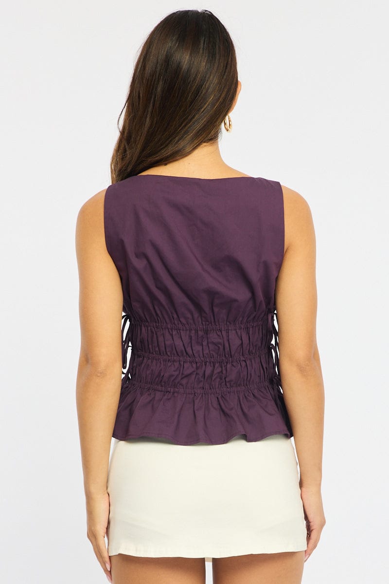 Purple Top - Sleeveless - Regular Fit - Boat Neck - No St for Ally Fashion