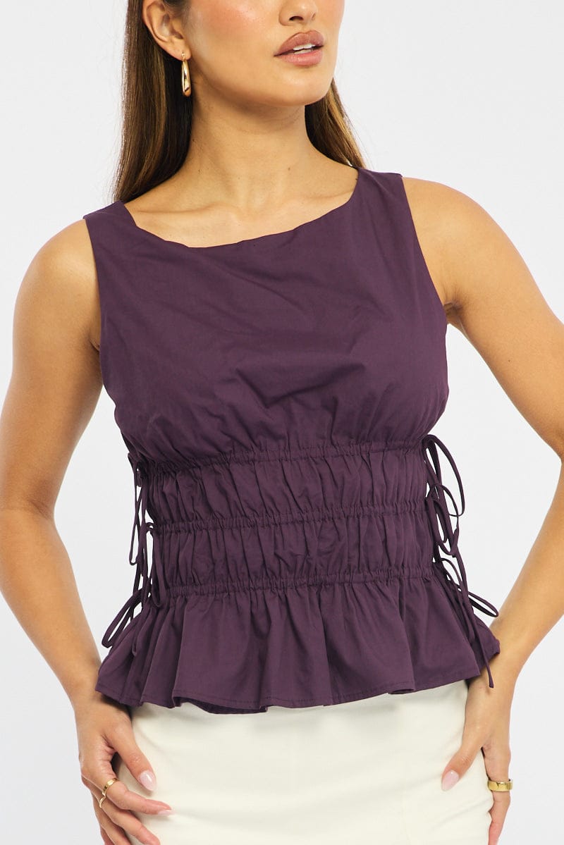 Purple Top - Sleeveless - Regular Fit - Boat Neck - No St for Ally Fashion