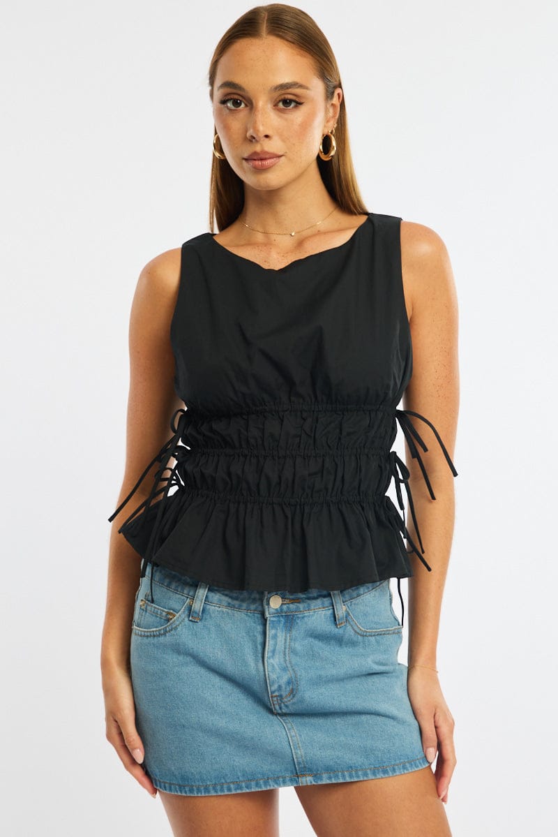 Black Ruched Top Sleeveless Boat Neck Bow Details for Ally Fashion
